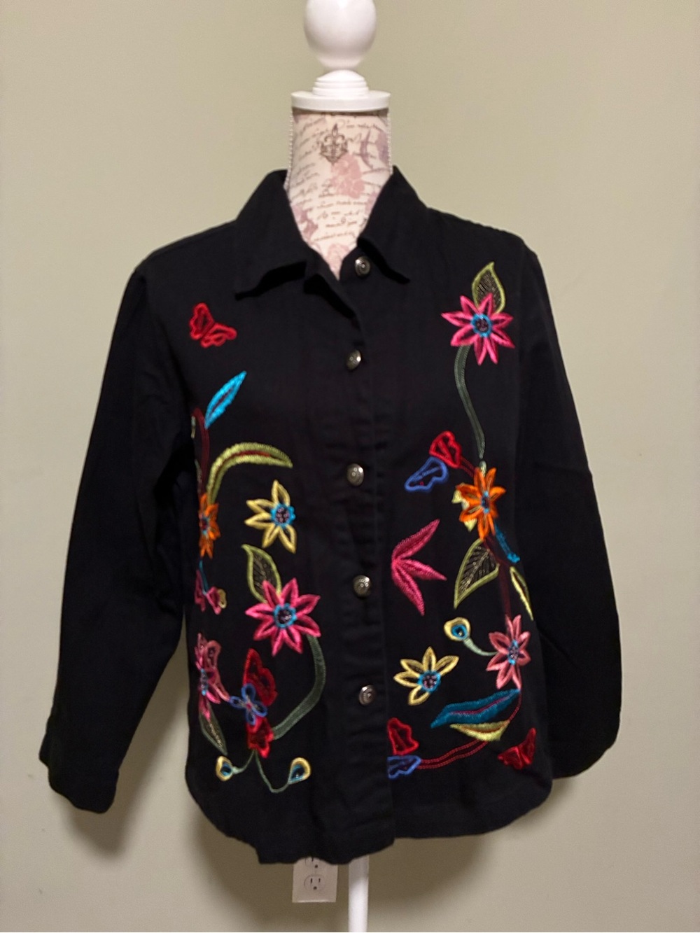 White Stag Black Button-Down Shirt with Multicolor Floral Embroidery